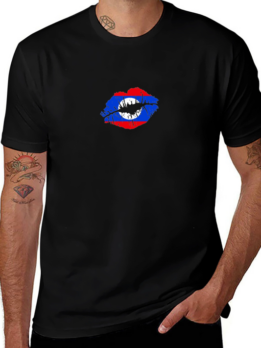 Lao Flag Lips T-Shirt - Black Crew Neck Tee
