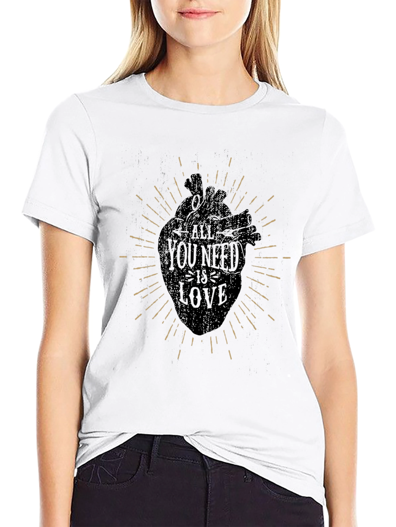 Heart Print Graphic Tee - Distressed Style