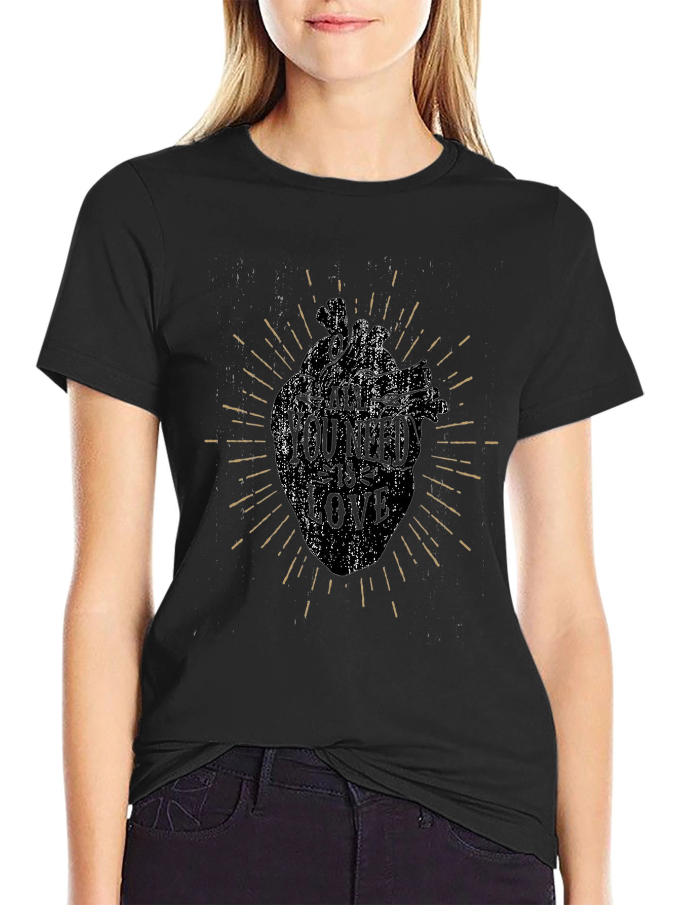Heart Print Graphic Tee - Distressed Style