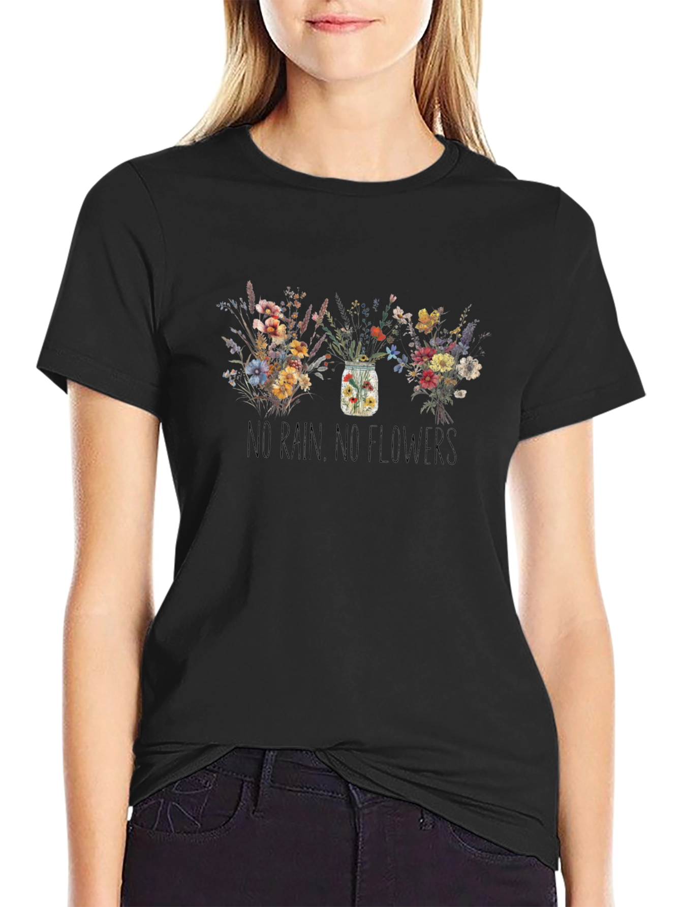 Floral No Rain No Flowers Black T-Shirt
