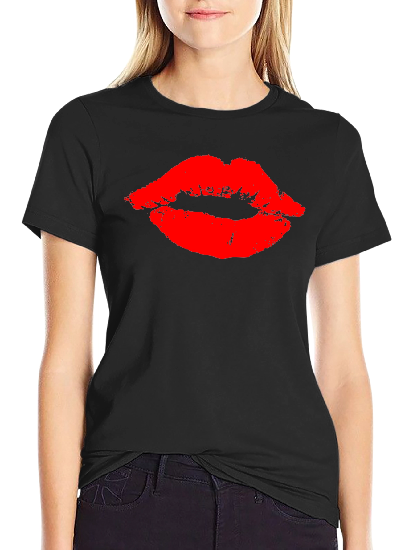 Bold Red Lips Graphic Black T-Shirt