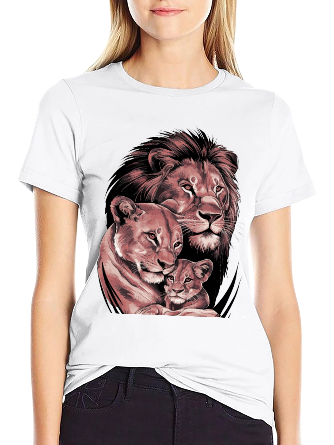 Lion Family Graphic Tee - Black Crew Neck T-Shirt