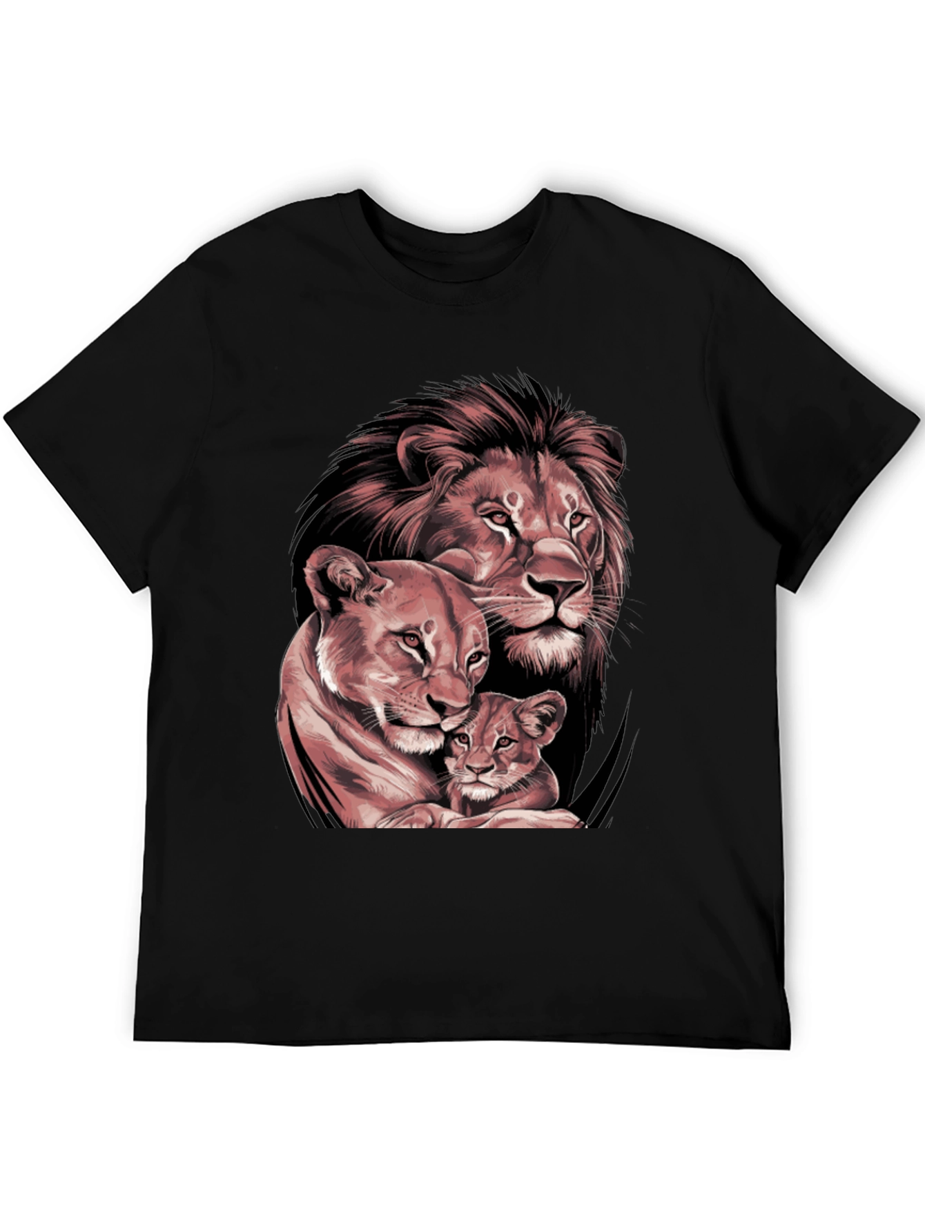 Lion Family Graphic Tee - Black Crew Neck T-Shirt